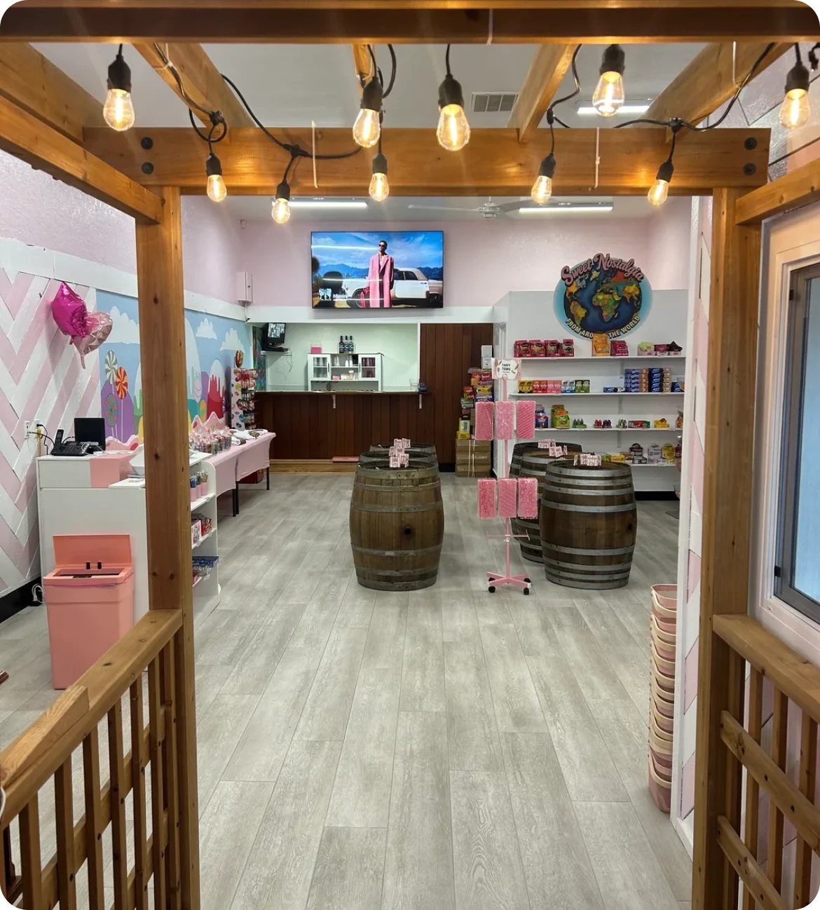 Colorful candy shop display with pink accents